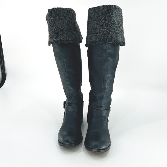 Women's Black Knee-High Winter Boots Shearling Cuff Flat Moto Utility Size 9 - Picture 4 of 11